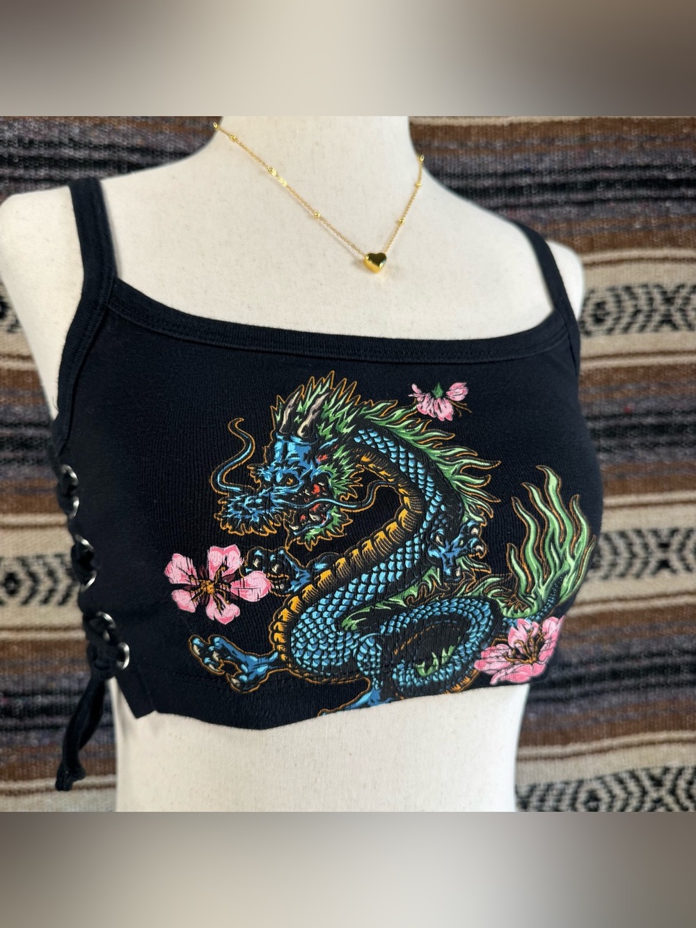 Urban Outfitters Dragon Graphic Lace Up Side Crop Cami Top S Black Used Y2K